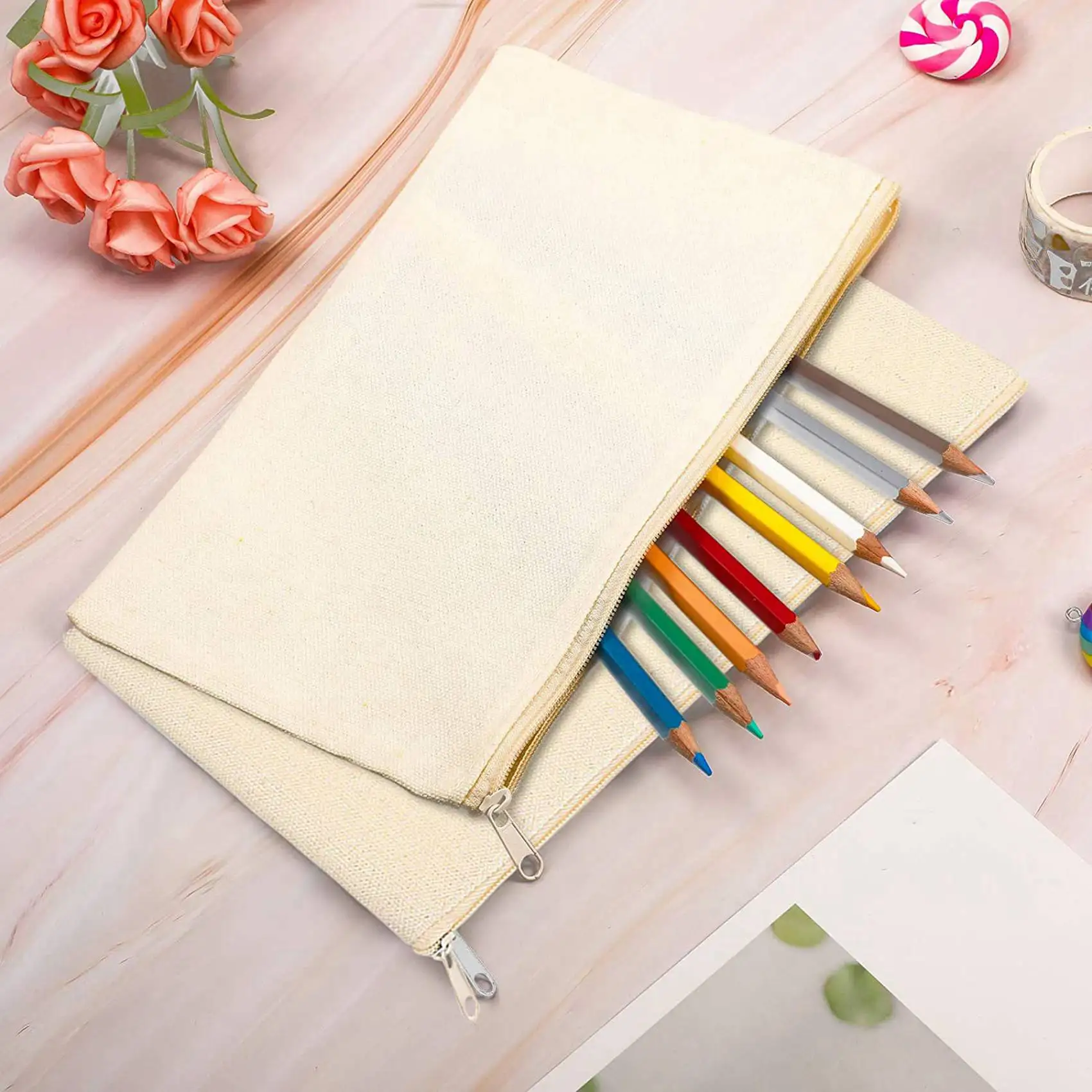 ABFK 80 Pcs Canvas Pencil Pouch Zipper Makeup Bags Blank Craft DIY Bags Multipurpose Toiletry Stationary Storage Bags(Beige)