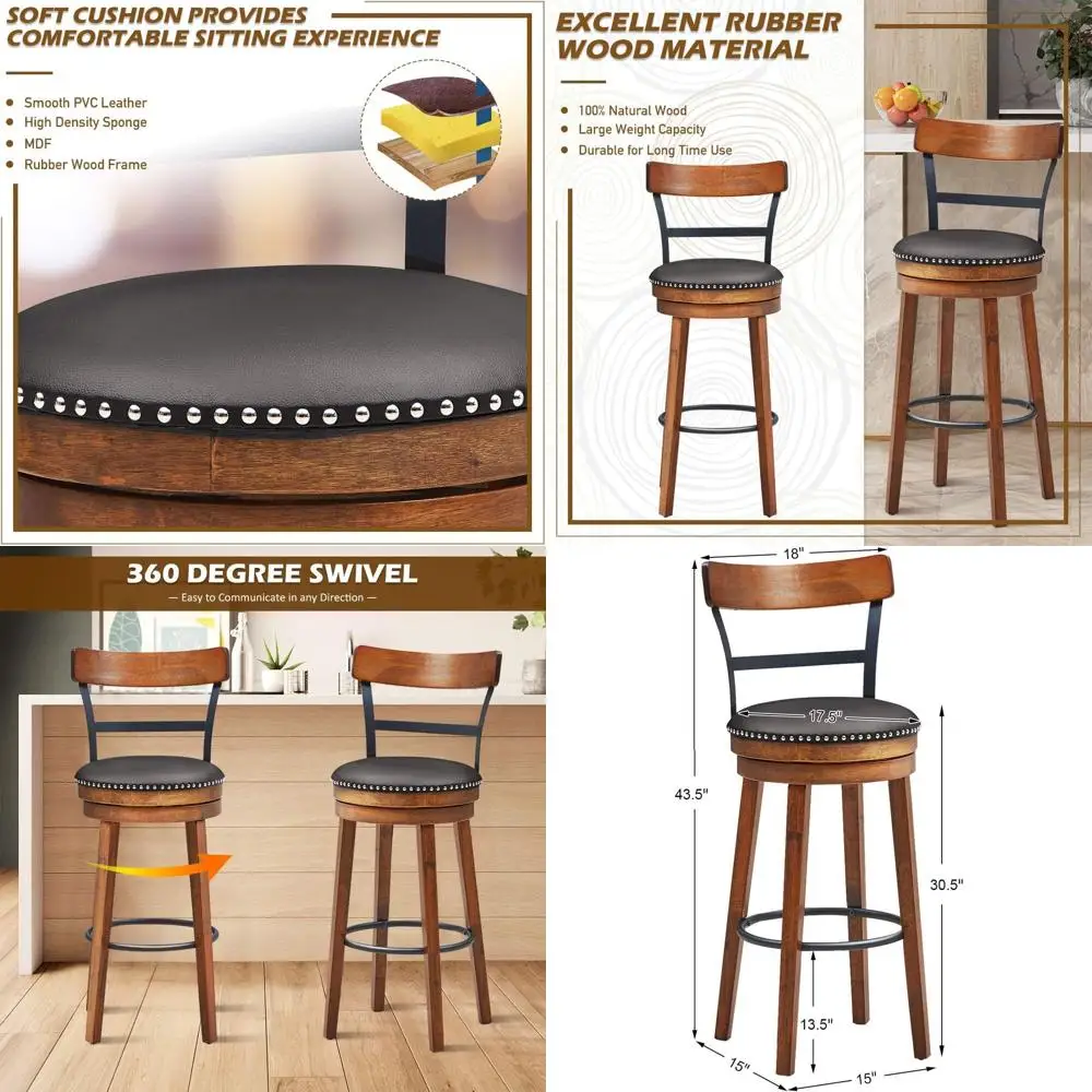 

Набор из 4 вращающихся барных стульев с кожаными сиденьями, спинкой-лестницей, ножками из каучукового дерева, подходит для кухни, паба и ресторана, коричневый, 3