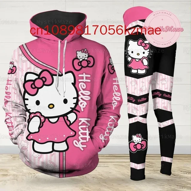 Free Custom Name Hello Kitty 3D Women\'s Hoodie and Leggings Suit Cute Hello Kitty Yoga Pants Sweatpants Fashion Sports Suit Set