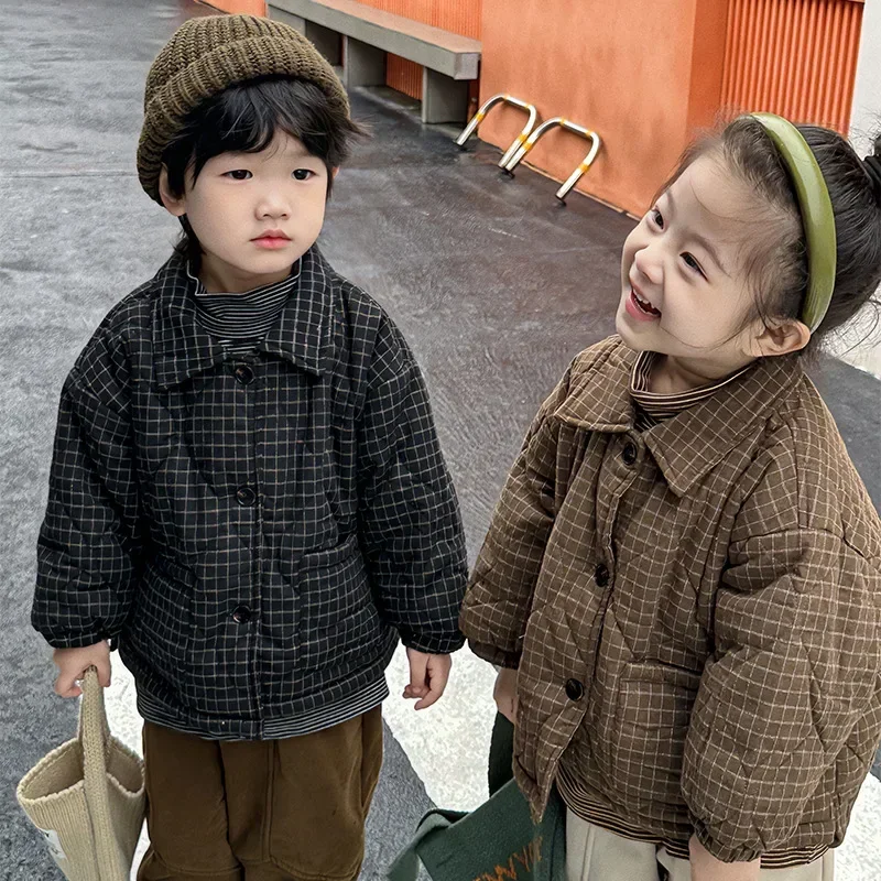 Children Clothing Boy 2023 New Fashionable Warm Cotton-padded Winter 2023 New Korean Style Plaid Jacket Thickened Kids Coat