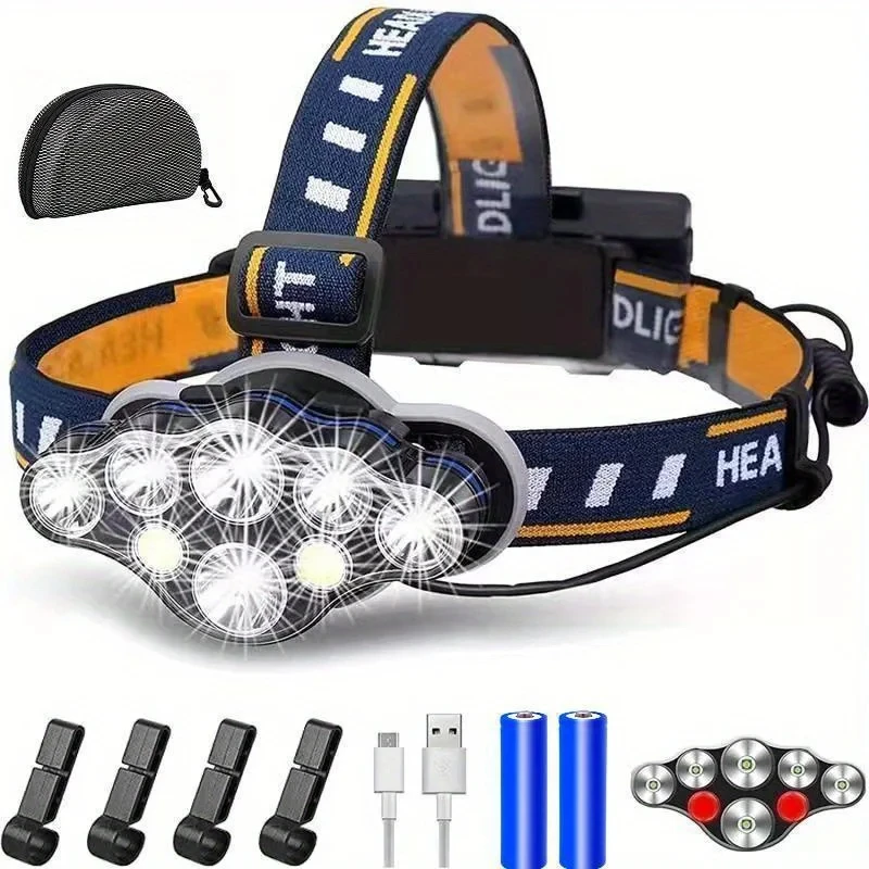 Long-range LED Headlight with USB Charging Waterproof COB Red Light Warning Reflector Hunting Fishing Camping Climbing Headlamp