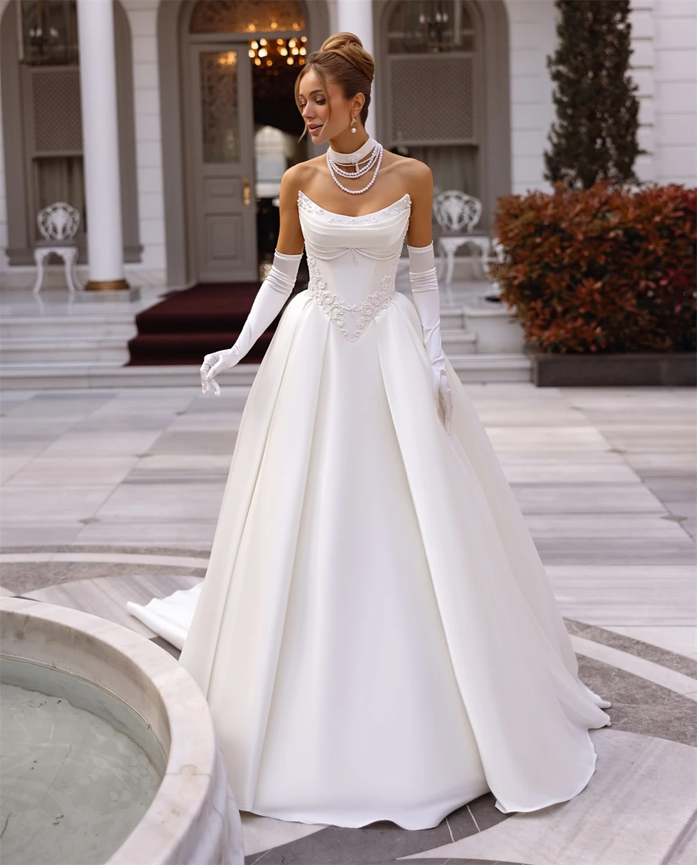 

Customized Charming White Satin Wedding Dress Elegant Strapless Long Sleeves Bridal Gown Boho A-Line Chapel Train Robe de mariée