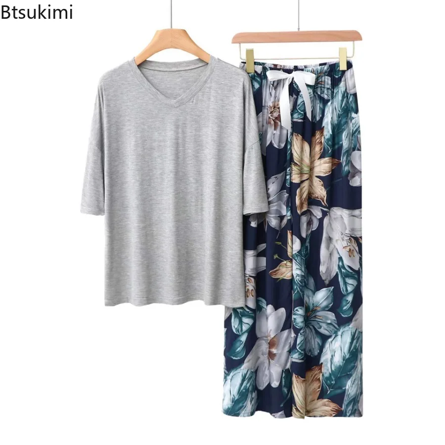2026 السيدات الصيف مشروط القطن منامة دعوى بسيطة الأزهار بيجامة مجموعات النساء قصيرة الأكمام بلوزات وسراويل قطعتين مجموعة Homewear #2