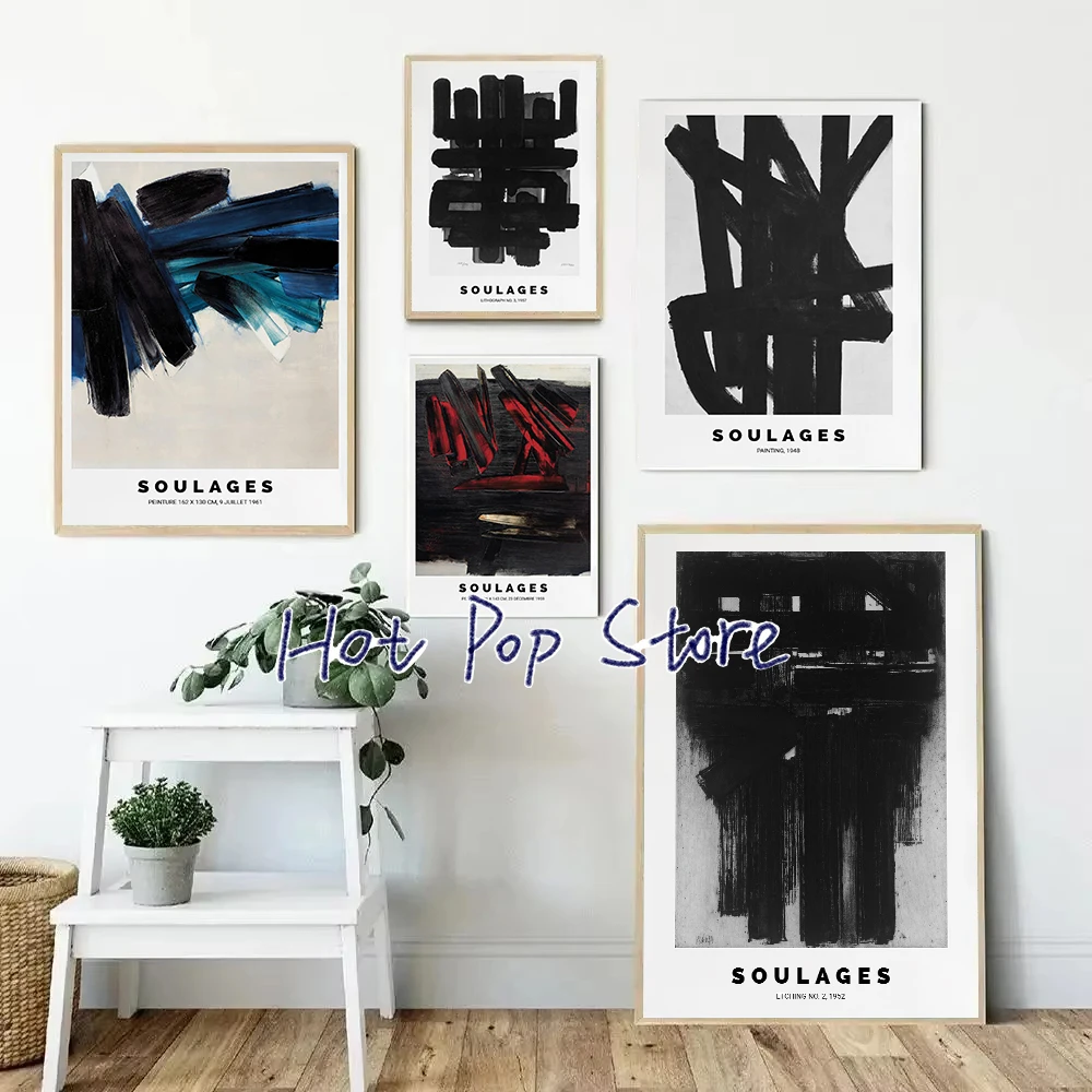 Soulages Collection Poster Pierre Soulages Modern Abstract Art Wall Decor Blue Abstract Exhibition Poster Canvas Painting Decor