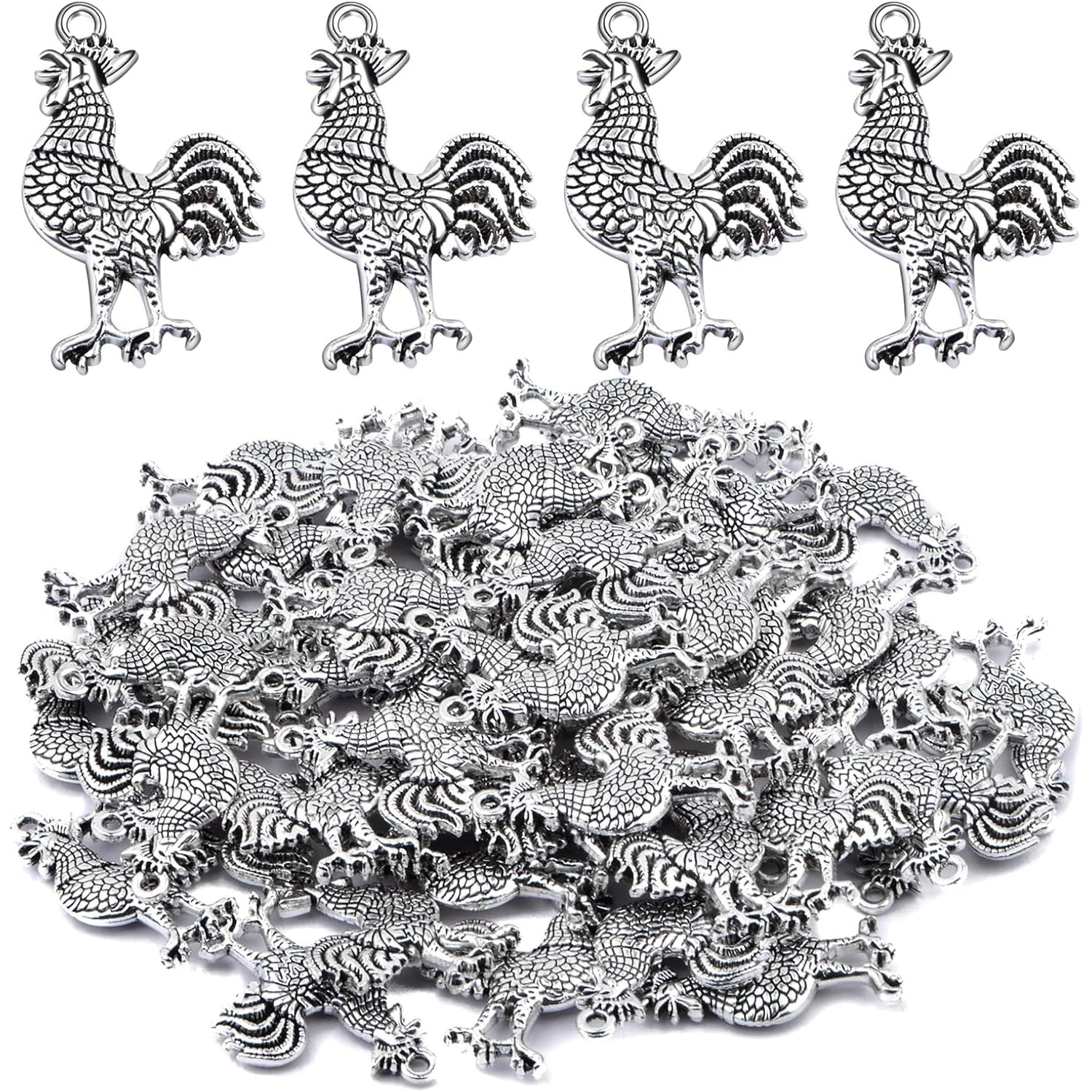 

50pcs Rooster Cock Chicken Charms Chicken Farm Animal Rooster Shape Dangle Pendants for DIY Bracelets Necklaces Jewelry Making
