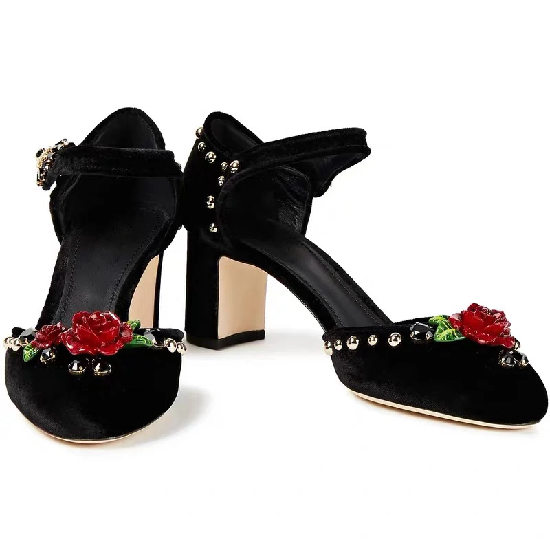 Summer Designer Rhinestone Rose Embellished Velvet Buckle High Heels Pumps Buckle Hollow Retro Rivet Luxury Mary Janes Shoes