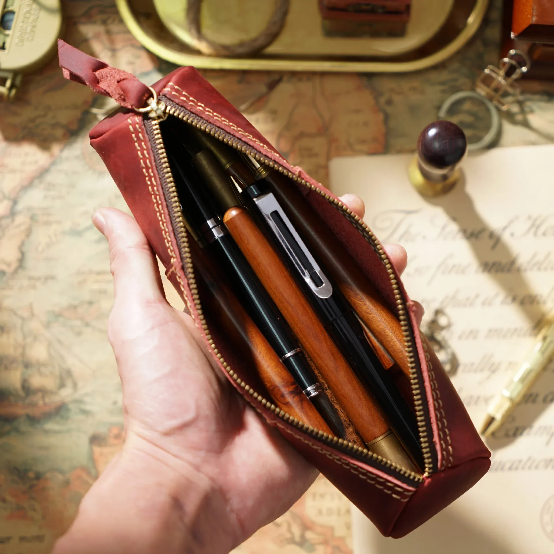 Vintage leather zipper pencil case organiser pouch simple handmade pen case box coin purse stationery storage bag for school