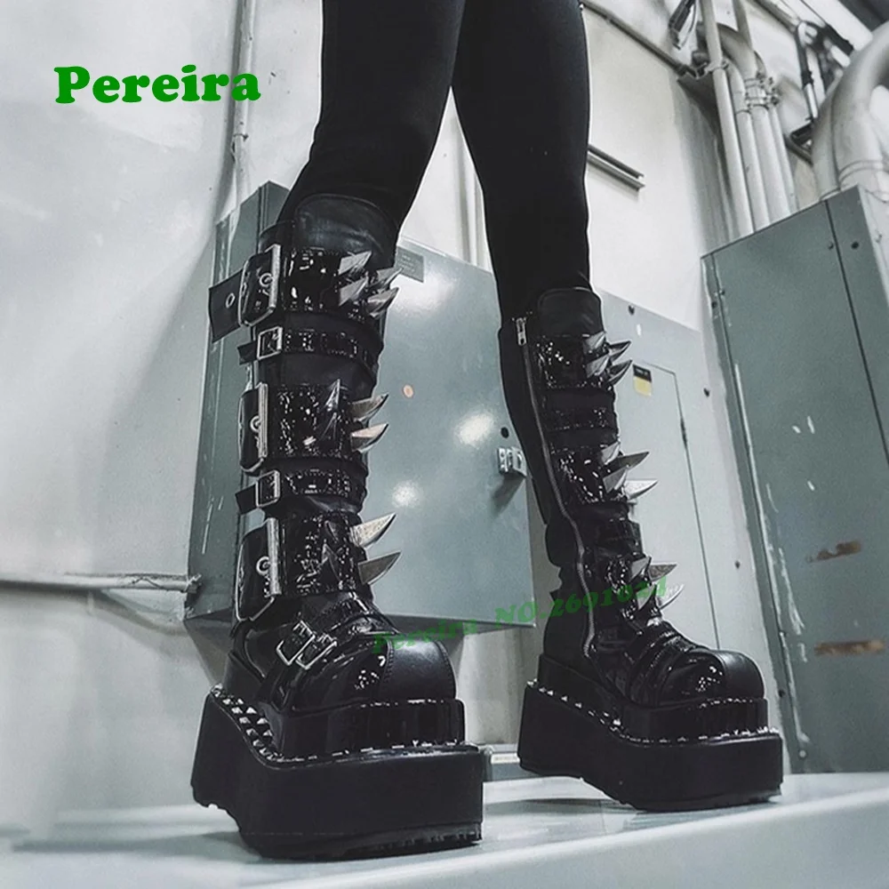 

Thick Soled Spicy Girls Knee High Boots Punk Gothic Y2K Knight Boots 2026 New Dark Rivet Buckled Shoes for Women Black Street