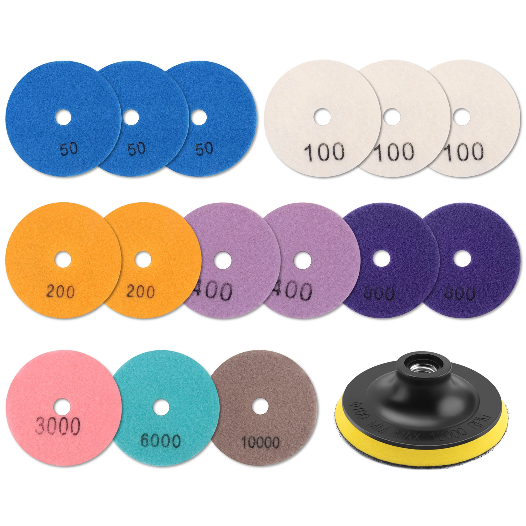 A74U 16Pcs Polishing Pads Kit 4 Inch 100Mm Wet/Dry for Stone Concrete Marble Polishing Use Grinding Discs Set