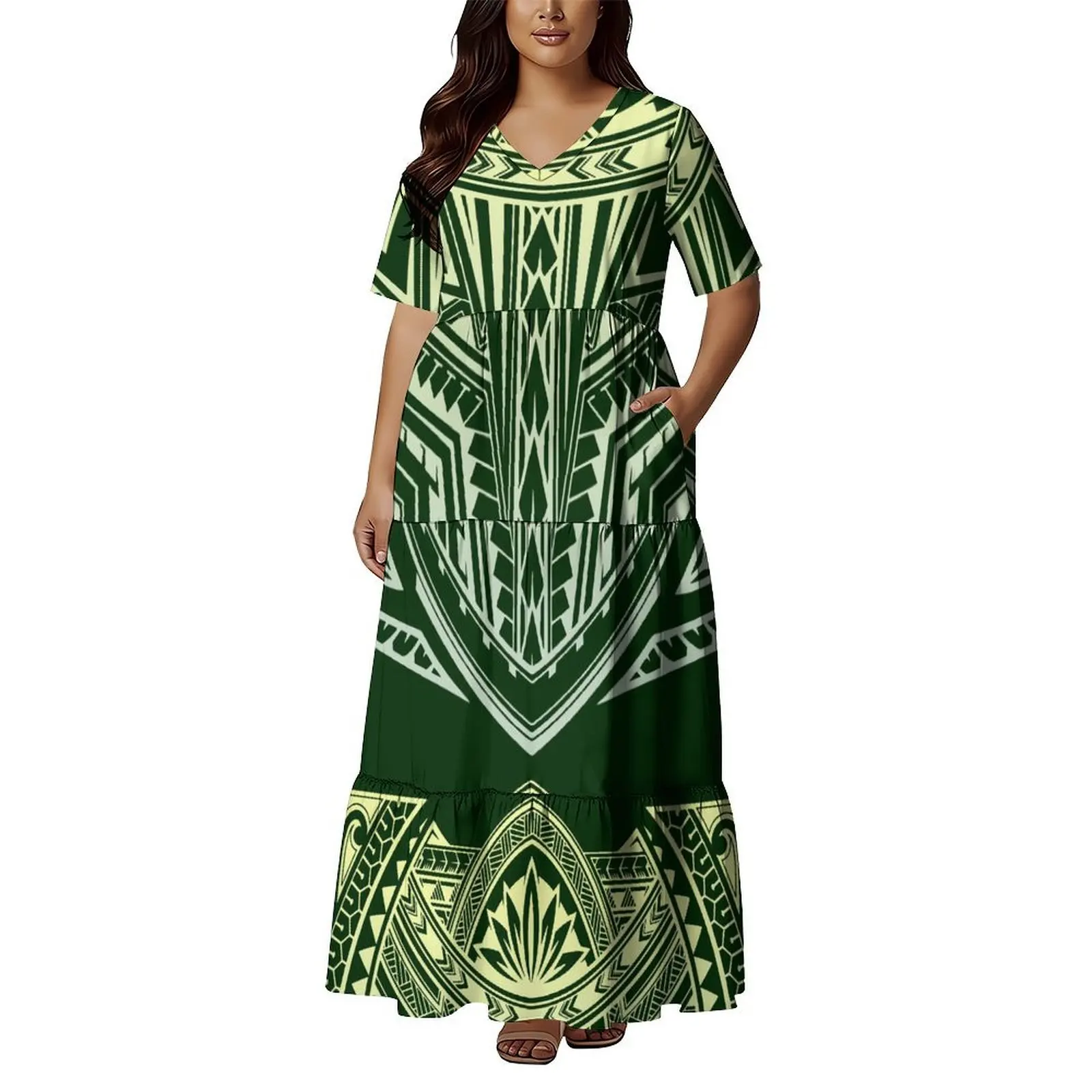 Vestido Polinésio Feminino Confortável e Macio para o Verão, Tamanho Grande Samoa, Vestido Longo de Manga Curta para Festa na Praia