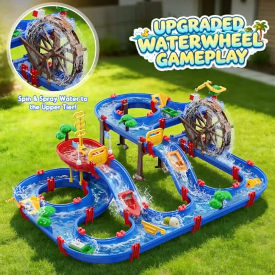 2-Tier Watermill Summer Water Table for Outdoor Use, Plastic in Blue and Yellow, Includes 124 PCS DIY Toys and Water Pump for T