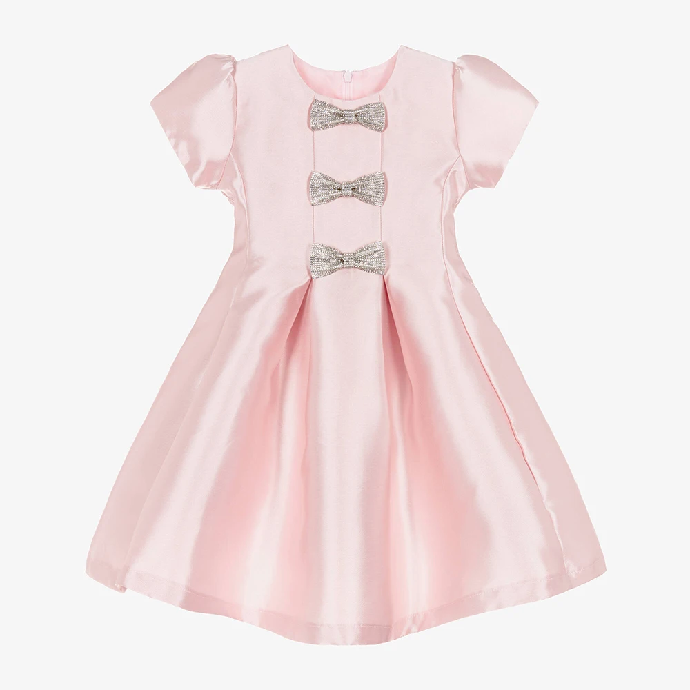 

Customized Girl's Birthday Party Dress Crystal Bows Knee Length Party Gowns Pink Satin Sleeveless A Line Children Dresses Short
