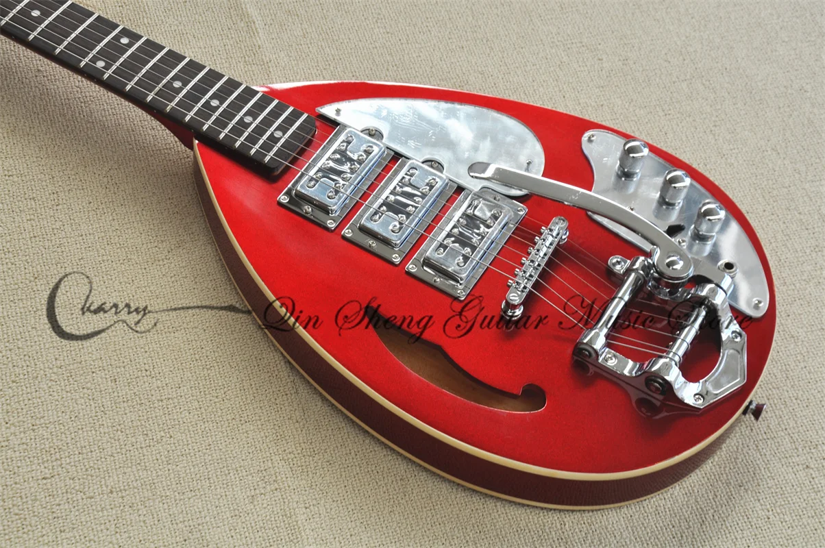 Metal red electric guitar VO Guitar semi-hollow body maple rose fingerboard tremolo bridge fixed bridge retro tuners