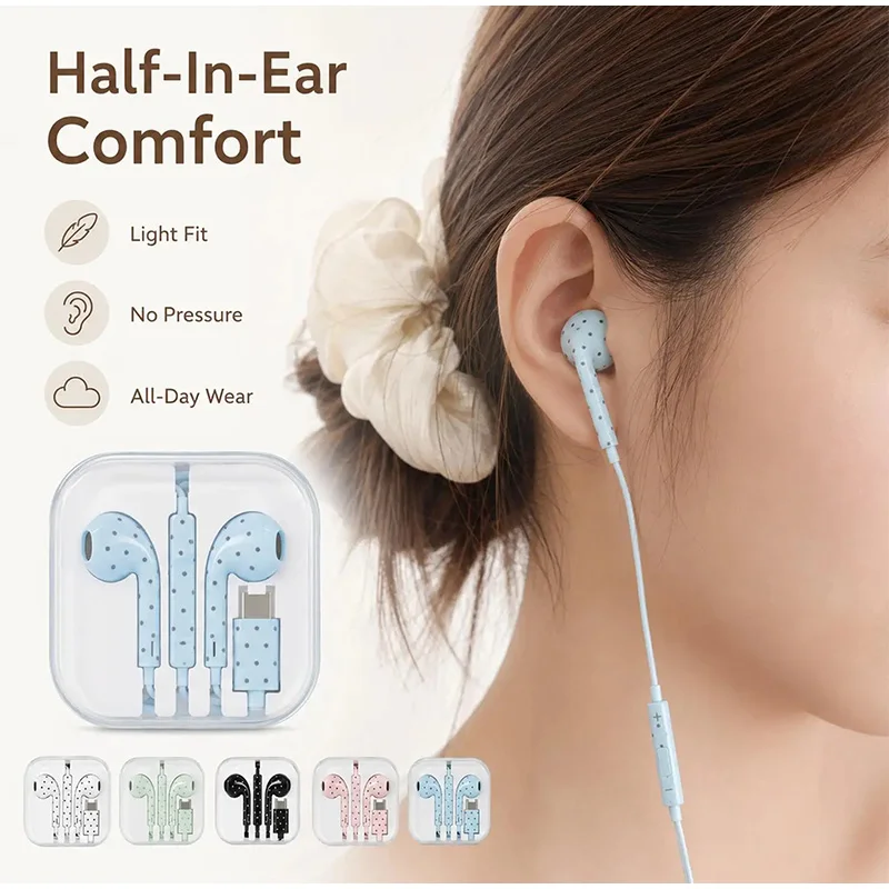 Type C Earphones Polka Dot Star Pattern In-Ear Wired Earbuds with Mic and Volume Control HiFi Headset for Mi iPhone Samsung view 2