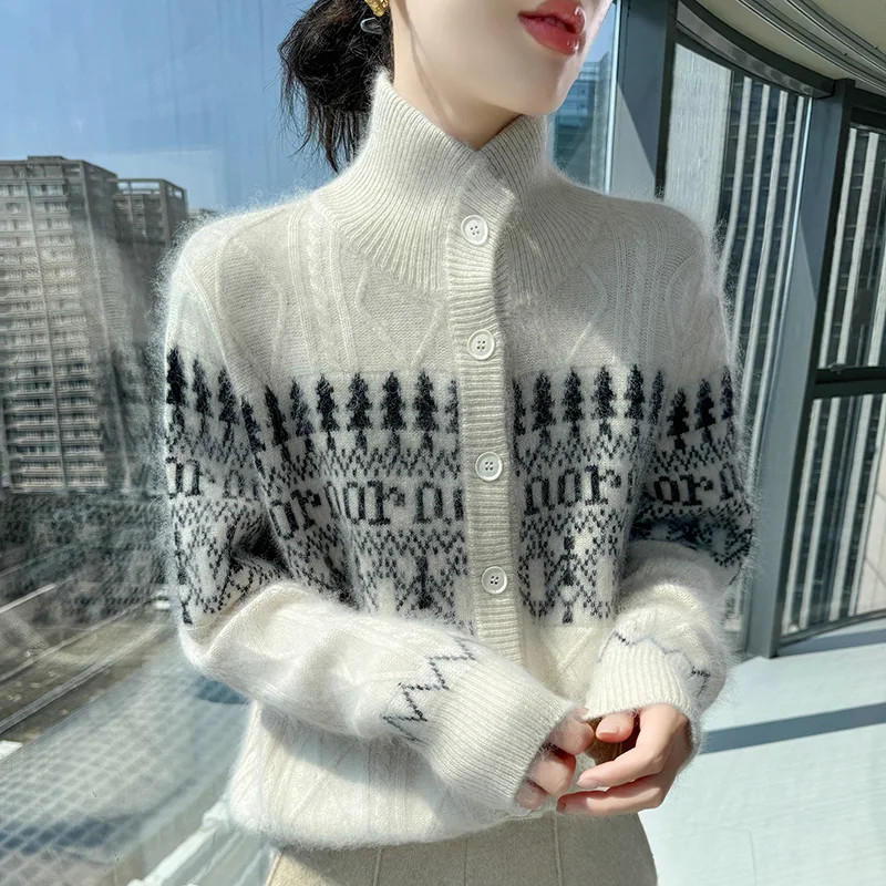 가을 겨울 두꺼운 하이넥 가디건 100% 밍크 캐시미어 여성용 자카드 니트 스웨터 루즈하고 패셔너블한 따뜻한 재킷