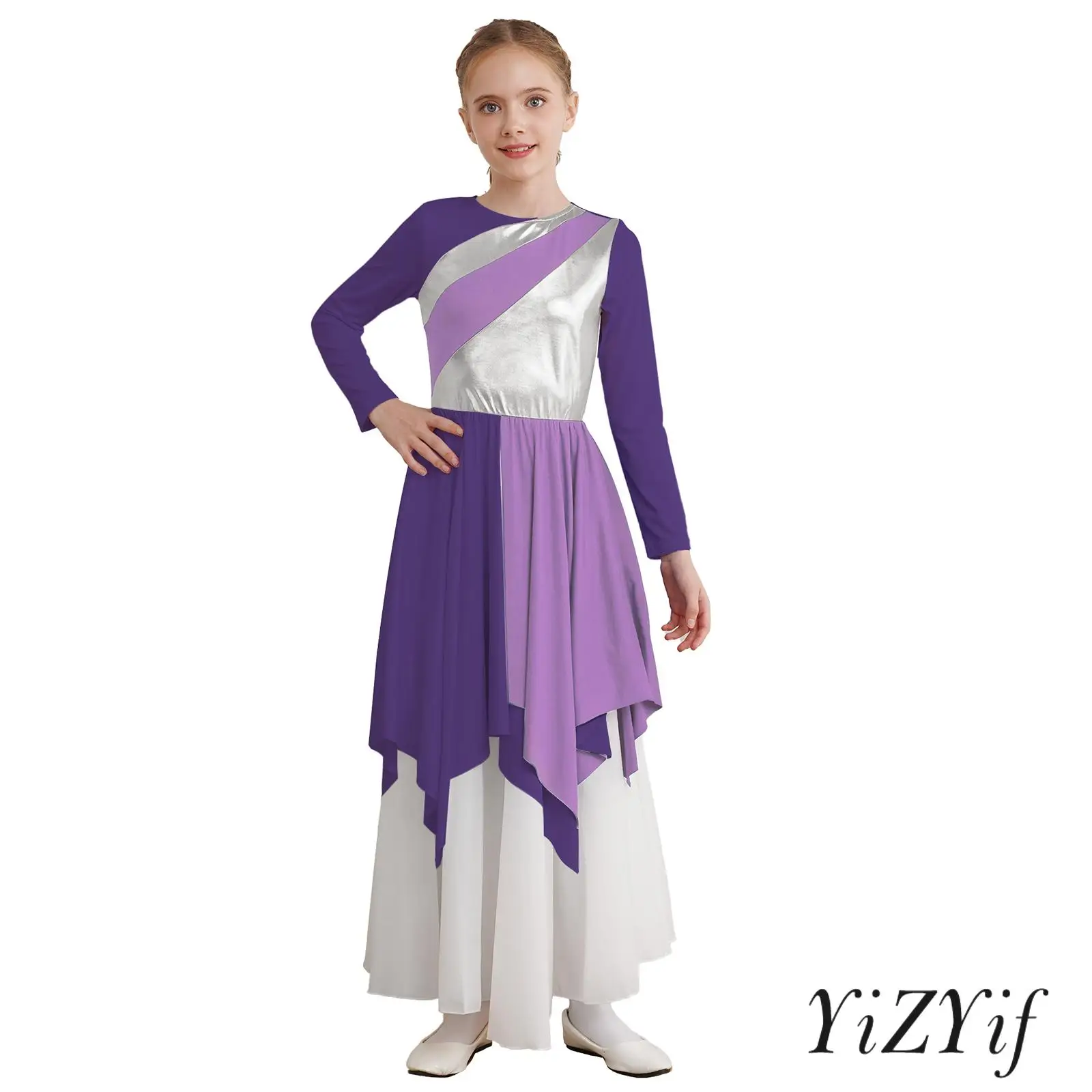 

Worship Dance Dress Costume for Girls Round Neck Zipper Back Elastic Waist ‌Breathable Quick-Dry Folk Lyrical Performance Outfit