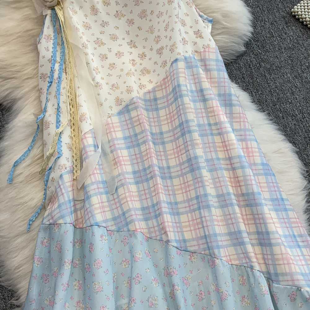 Floral Print Spaghetti Strap Dress for Women Summer Contrast Color Spliced Beach Vacation Sundress Design Irregular Long Dresses