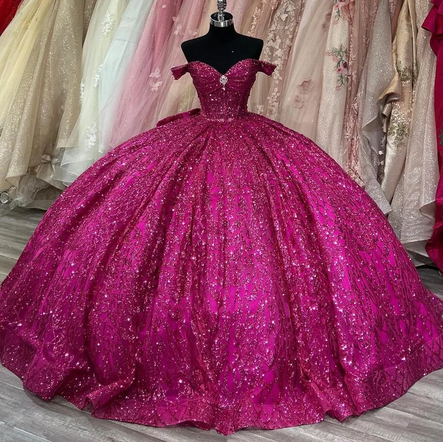 Fuchsia Purple Sparkly Princess Quinceanera Dresses Off Shoulder Gillter Crystal Sequins Prom Sweet 15 vestidos de cerimonia