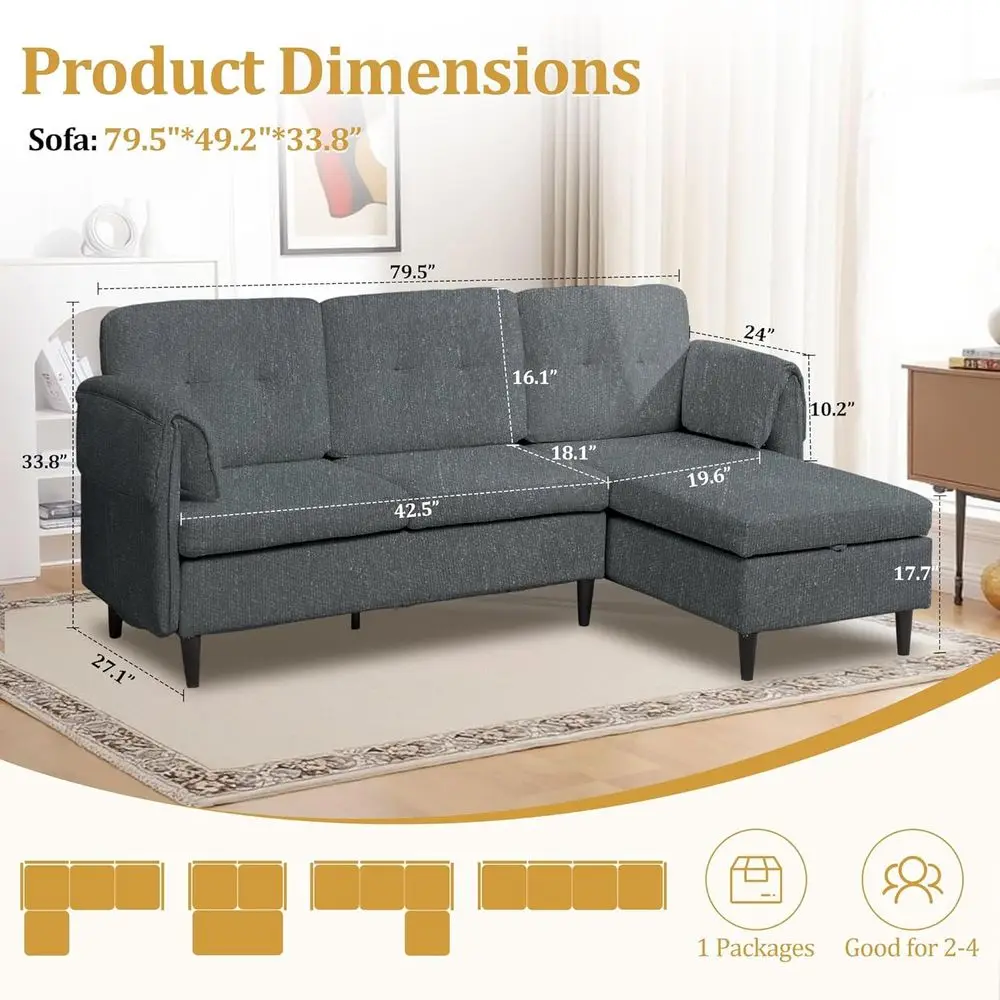 أريكة قابلة للتحويل على شكل حرف L مع مساحة تخزين، 79 أريكة مغطاة بالكتان للمساحات الصغيرة وغرف المعيشة #2