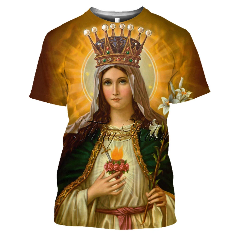 Fashion T-Shirt for Women 3D Print Catholic Virgin Mary Pattern Round Neck Short Sleeve Tees Y2k Casual Retro Streetwear Tops