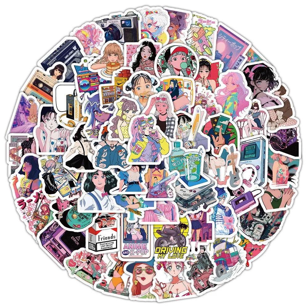 100 Stück Cartoon City Pop Girls Wasserfeste Aufkleber für Helm, Fahrrad, Notizbuch, Federmäppchen, Goldene Erinnerungsaufkleber