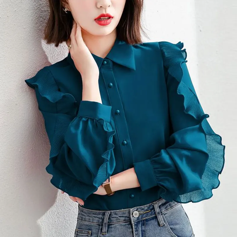 Office Lady Stylish Ruffles Patchwork Blouse Commute Single-breasted Female Clothing Turn-down Collar Spring Autumn Loose Shirt