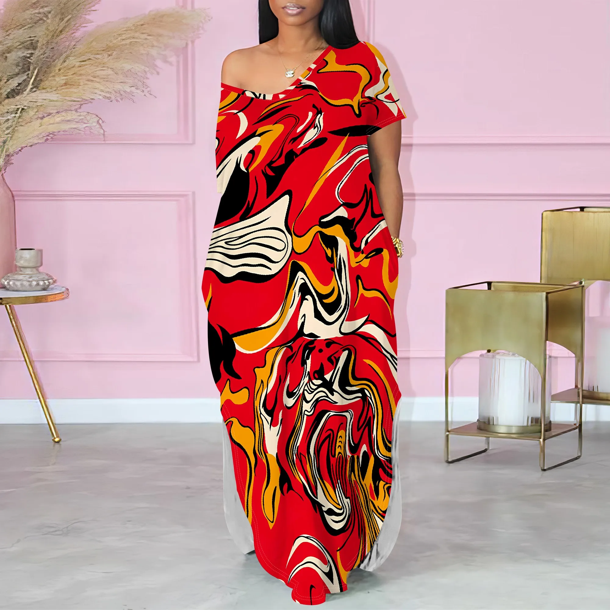 

Women's Pullover Sexy Short Sleeve One-Shoulder V Neck Fashion Printed Summer Two-side Slits Casual Maxi Dresses With Pocket