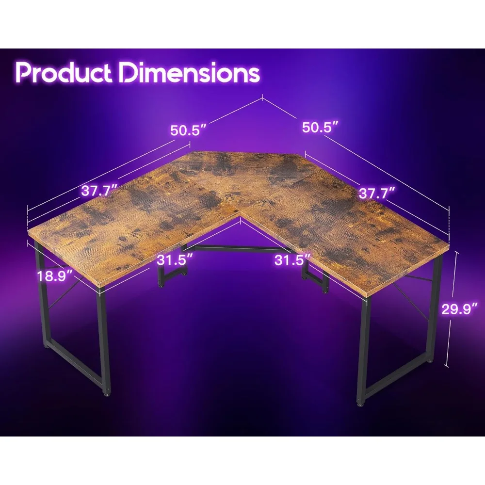 مكتب ألعاب على شكل حرف L مقاس 51 بوصة، محطة عمل متينة لطاولة الزاوية للمكتب المنزلي، الكتابة، الألعاب، مكتب كمبيوتر لـ Sma