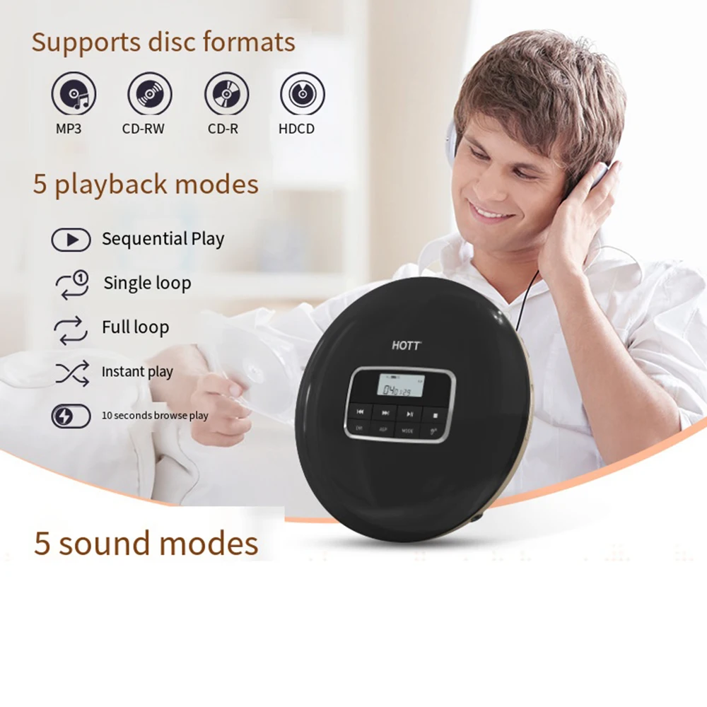 مشغل أقراص مضغوطة محمول مع شاشة LCD ، مشغل أقراص مدمج شخصي ، سماعات أذن ستيريو ، كابل شحن USB ، CD511