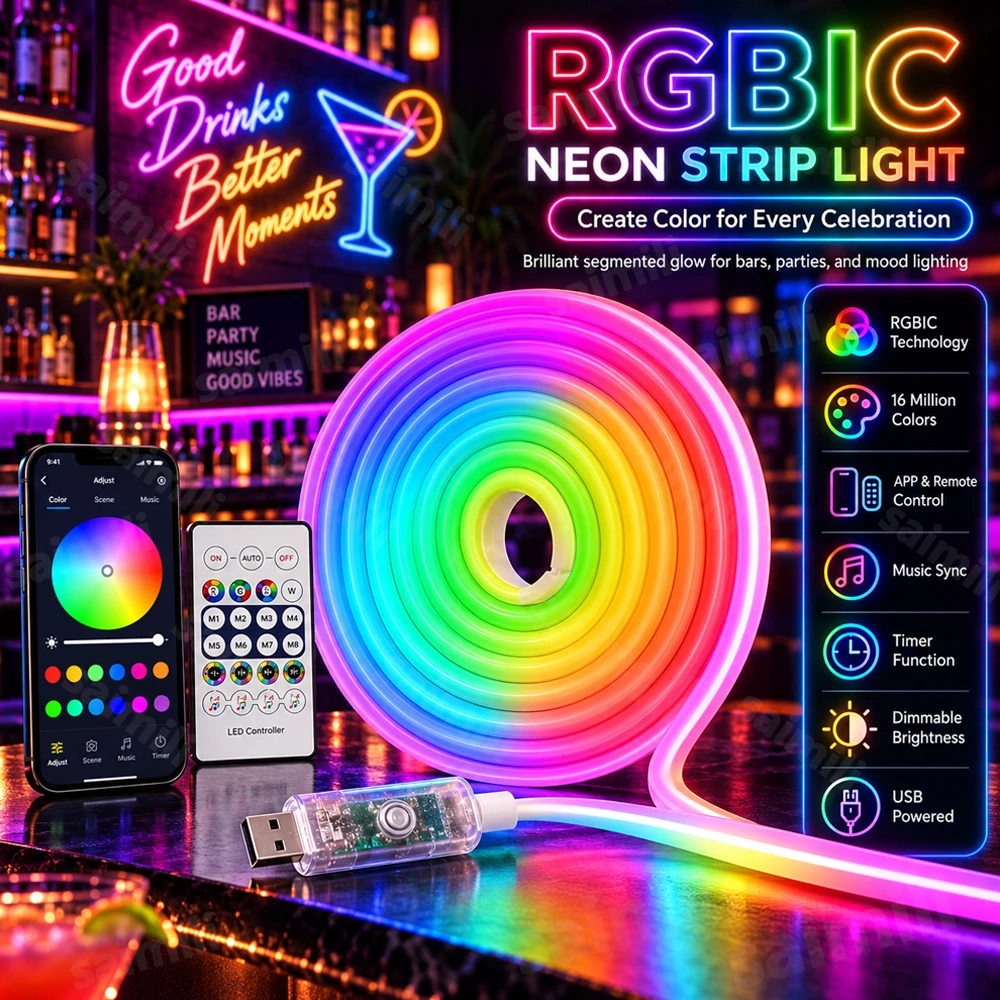 RGBIC Neon LED Strip Light  APP Control Dream Color Flexible Silicone Tape DIY Cutting Design Music Sync Function For Home Decor