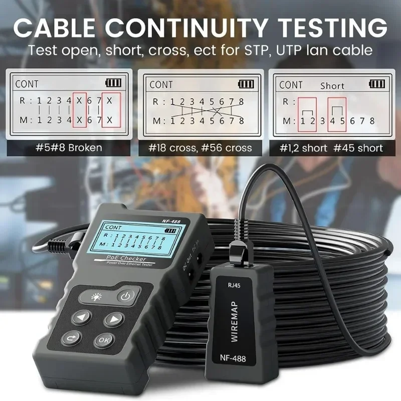 NOYAFA penguji kabel jaringan NF-488 Poe, Tester kontinuitas kabel Ethernet Tester DC saklar daya tes Loop-Back untuk CAT5e/CAT6/6a