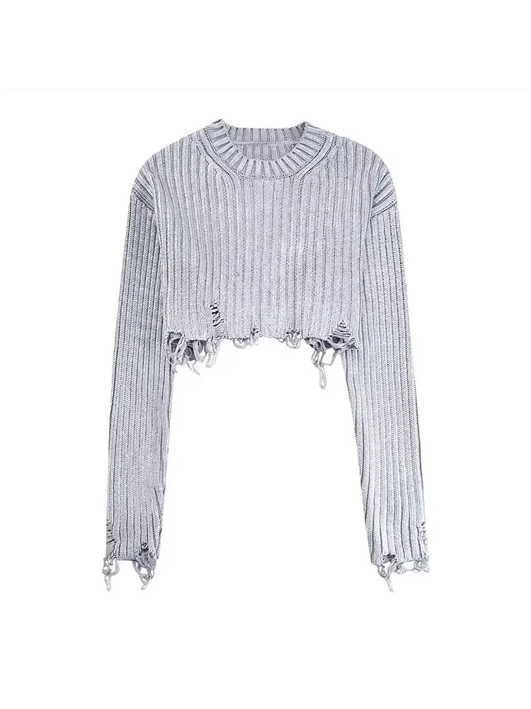 TRAF 2024 Spring Women Short Sweaters Frayed Knitted Jumper Pullovers Long Sleeve Female Crop Top Pull Streetwear Y2K