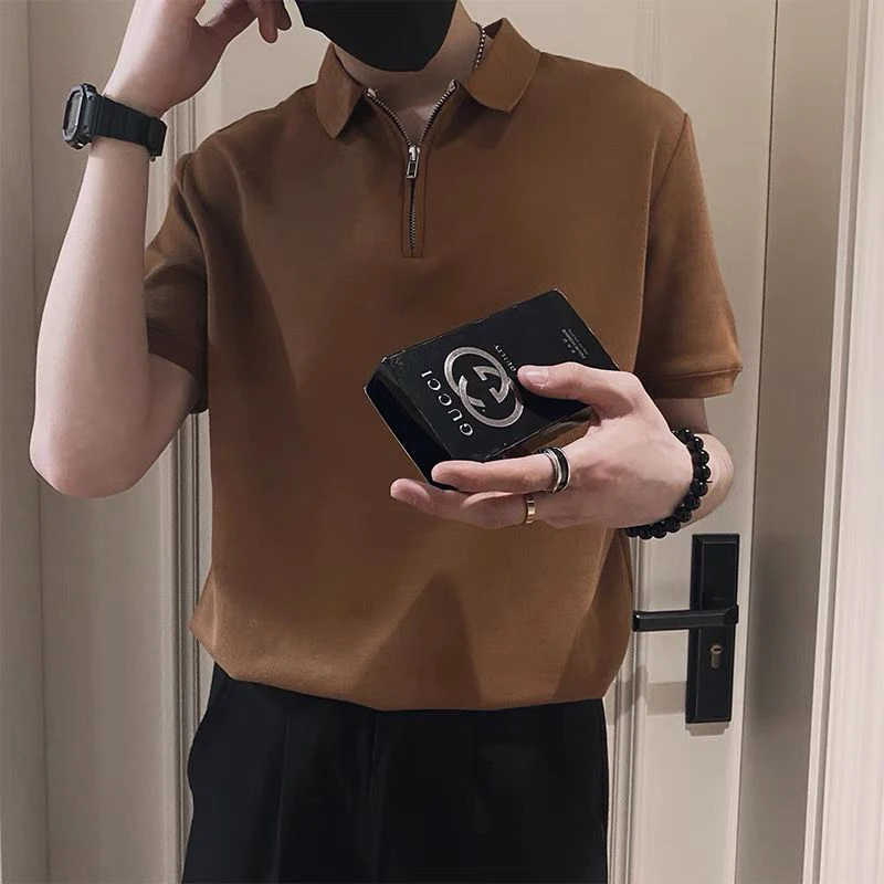 Summer Solid Color Short Sleeve Men Polo Sweatshirt All-match Personality Fashion Simple Oversized T Shirt Office Business Brown