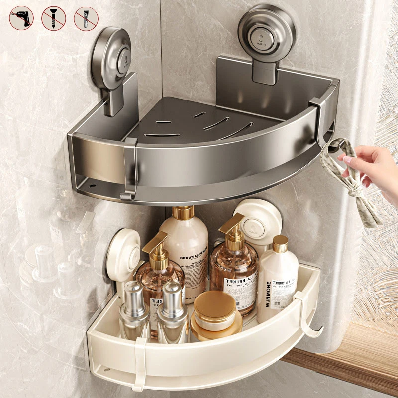 

New Bathroom Triangle Storage Rack with Hooks Nail-free Powerful Suction Cup Installation Will Not Fall Organizer Shower Shelf