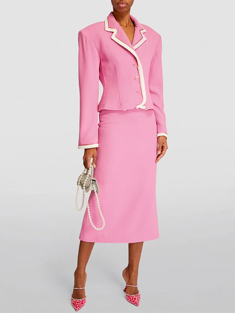 2024 New retro vintage Celebrity rhinestone belt Fashion Contrast Trim pink Blazer outfit and Mid-Length Skirt Two-Piece Set