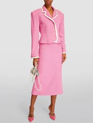 2024 New retro vintage Celebrity rhinestone belt Fashion Contrast Trim pink Blazer outfit and Mid-Length Skirt Two-Piece Set