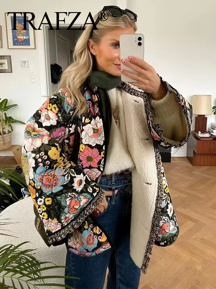 TRAFZA Women Vintage Flower Print Quilted Jacket 2024 Loose Female Long Sleeve Padded Coats Warm Outwear Jackets Streetwear