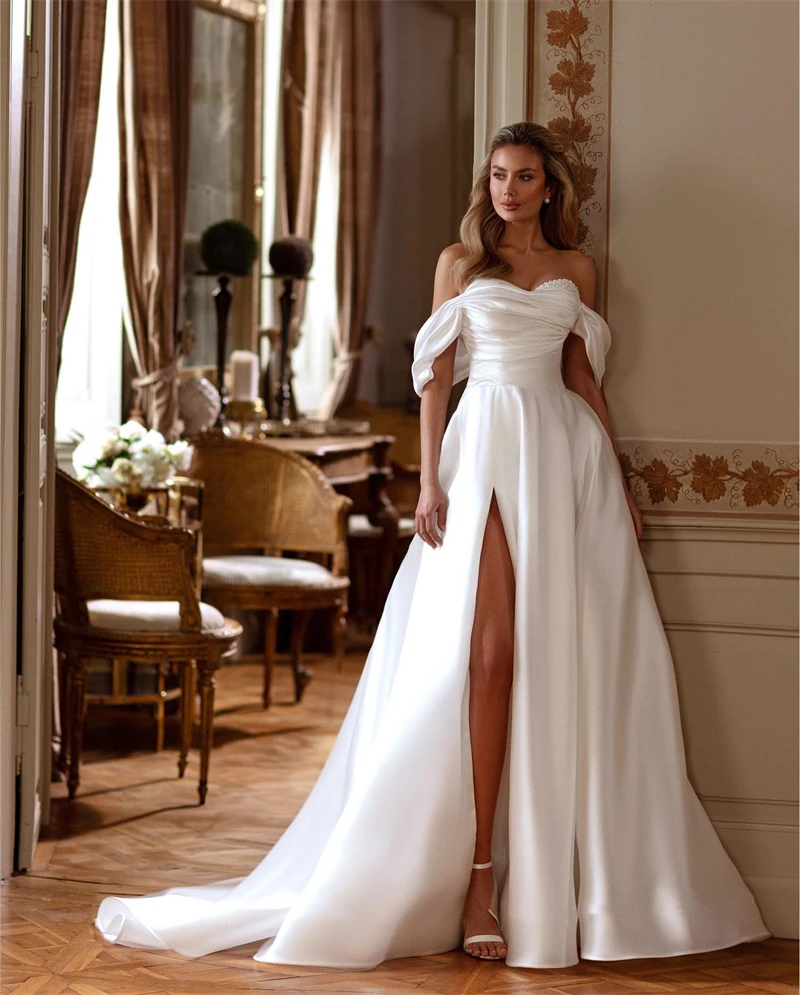 Sexy White Satin Wedding Dresses Off the Shoulder Vestidos De Novia Long Pearls High Side Slit White Dress Women Elegant Party