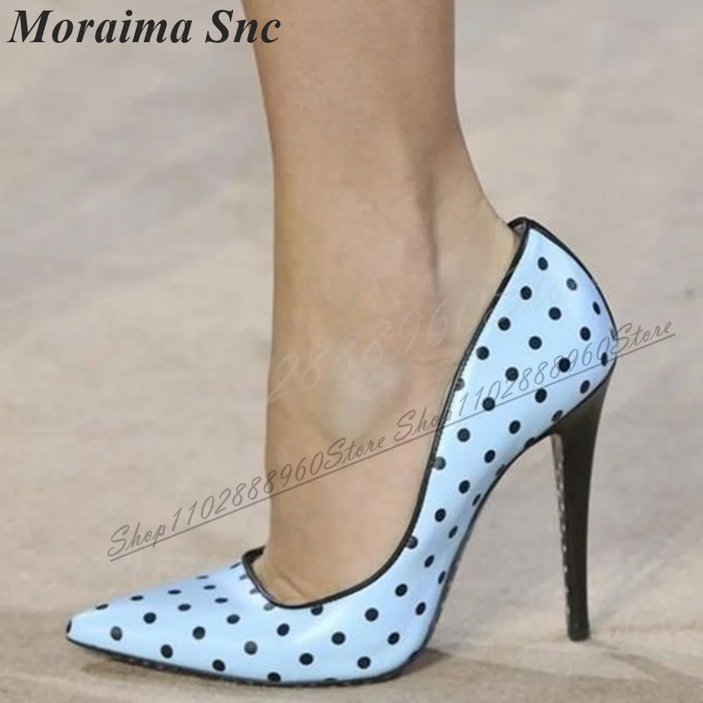 Trendy Light Blue Dot Print Runway Pumps Thin High Heel Shoes For Women Slip On Pointed Toe 2024 Fashion Zapatos Para Mujere