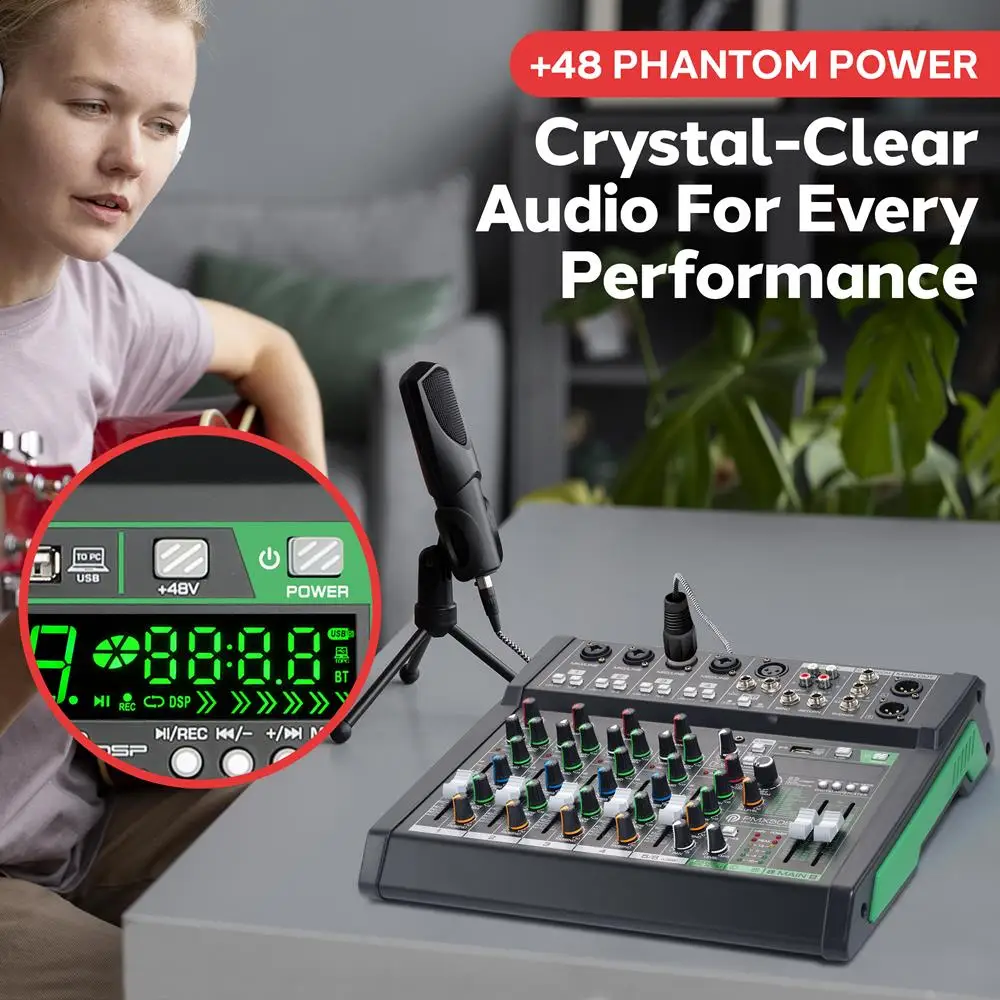 خلاط صوت ذو 8 قنوات، خلاط استوديو بلوتوث، متوافق مع MP3، مدخلات XLR، شاشة LED، تأثيرات رقمية