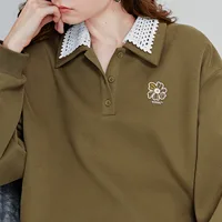 TOYOUTH Women Sweatshirt 2025 Autumn New Green Velvet Embroidery Contrasting Color Splicing Double Layer Collar Pullover Hoodies - Image 4