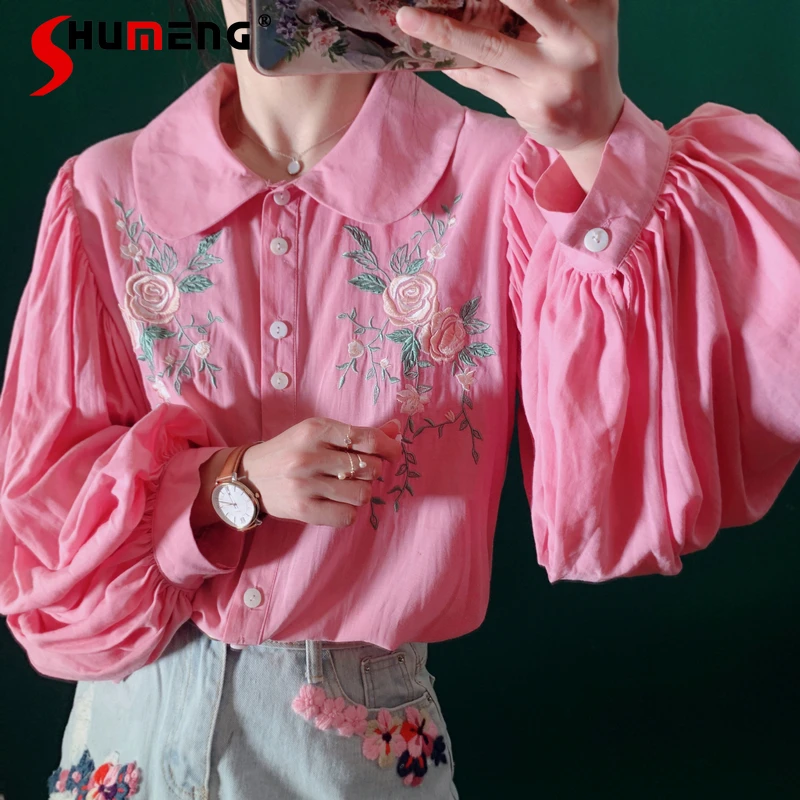 

Spring New Ladies French Lantern Sleeve Peter Pan Doll Collar Blouse Blusas Women's Fashion Mori Style Embroidered Shirt Top