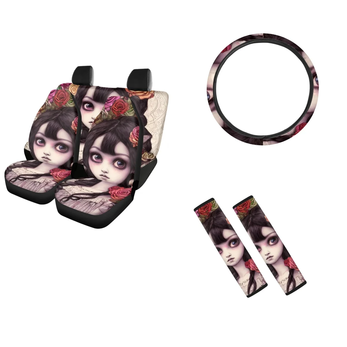 

Car Seat Covers Skull Girls Pattern Front Back Seat Detail Styling Automotive Seat Belt Pads Steering Wheel Cover for Women