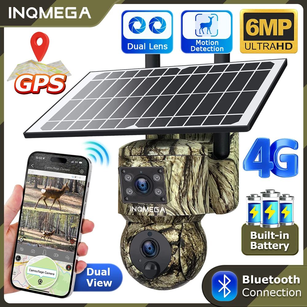 

INQMEGA 6MP HD Camouflage Dual Lens Solar Battery Gimbal Camera PIR Human Detection GPS Positioning Bluetooth Connection