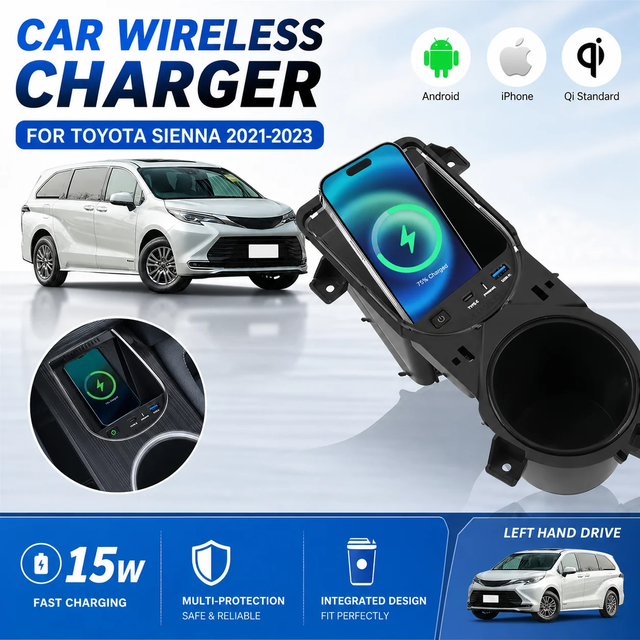Car Wireless Charger For Toyota Sienna 2022 2023 15W Quick Charging Console Cup Holder Phone Holder Charger