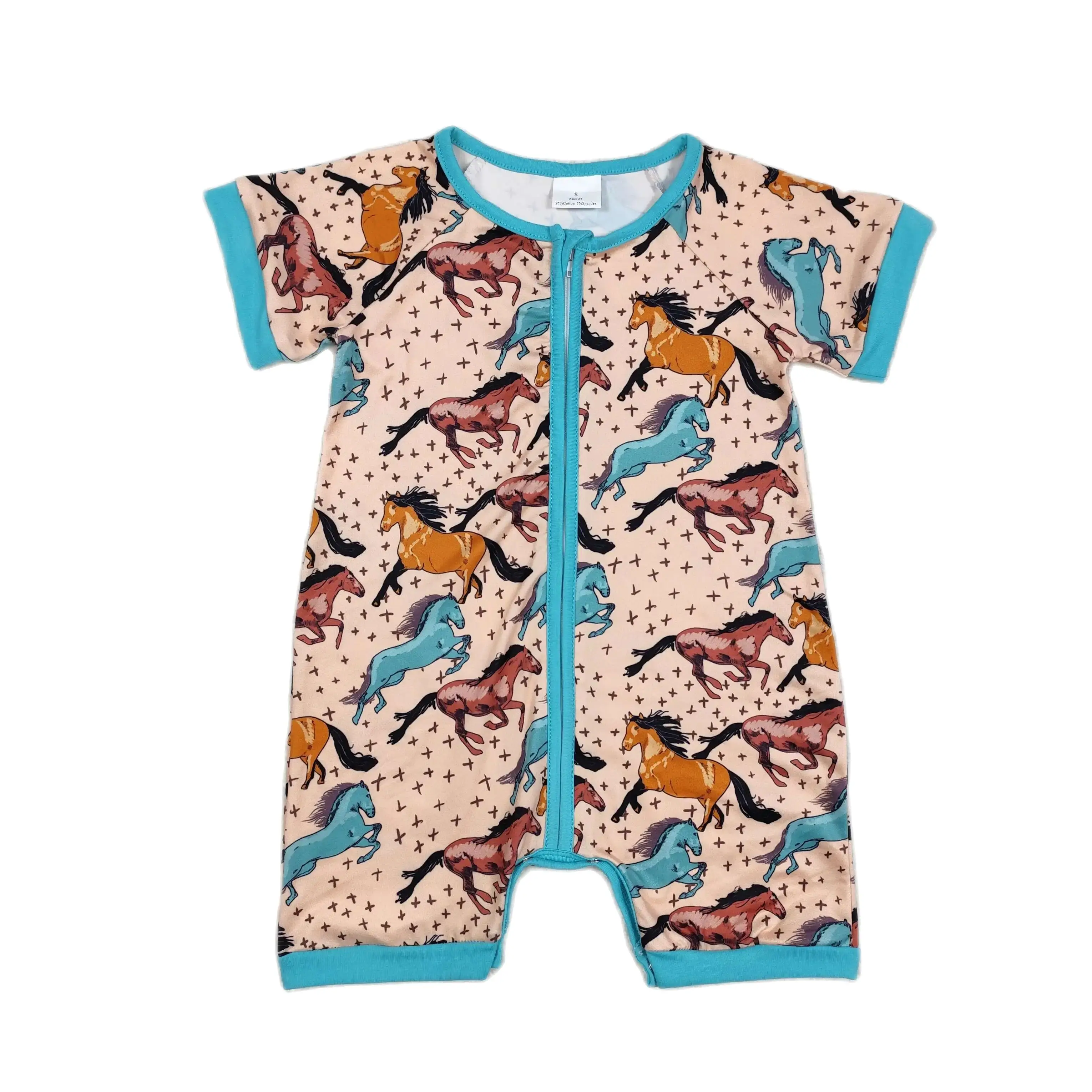 Wholesale Boutique Baby Boy Western Toddler Newborn Romper Summer Short Sleeves Zipper Horse One-piece Kids Children Overalls