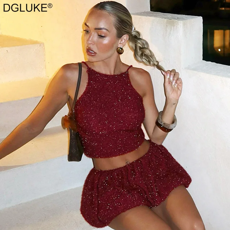 

DGLUKE Burgundy Glitter Club Festival Outfit For Women Crop Top And Mini Skirt 2 Piece Set Sexy Summer Birthday Party Outfits