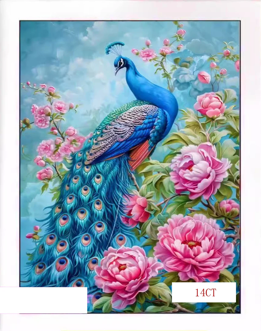 

14CT 38X54cm Peacock Flowers Needlework,DIY Cross Stitch Set Full Embroidery Kit, Printed Cross-stitch, Home Decor