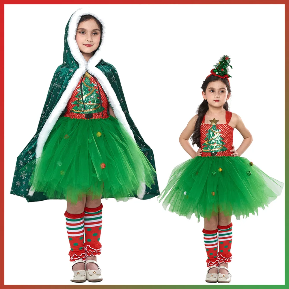 

Kids Girls Christmas Tree Cosplay Tutu Dress Cloak Costume Family Xmas Stage Dance Performance Outfits Children Roleplay Suits