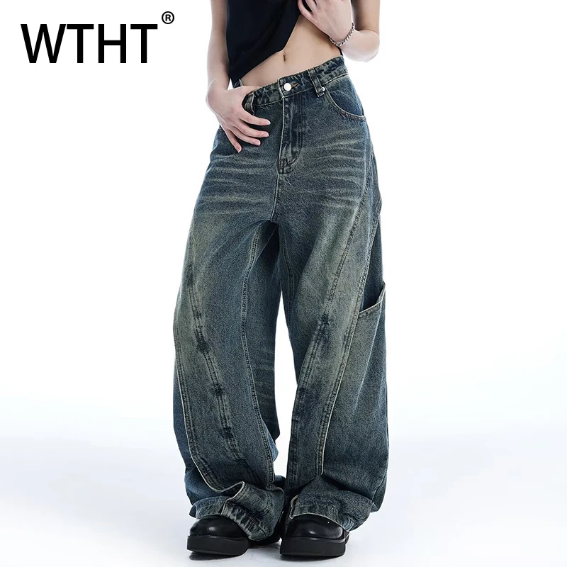 

WTHT модные мужские джинсовые брюки с градиентом в стиле пэчворк, старый дизайн, винтажные прямые свободные джинсы в американском стиле, мужские брюки, лето 202, 2A1111
